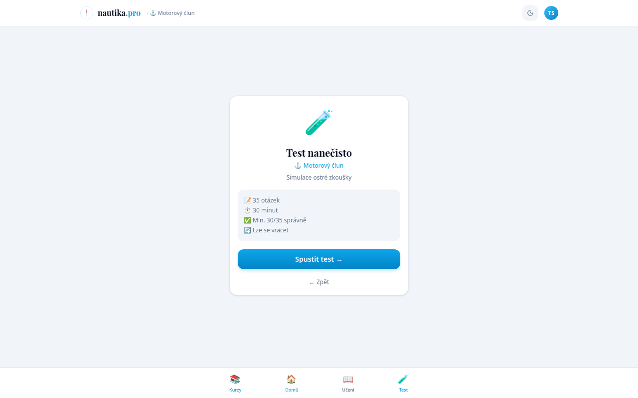 Úvodní obrazovka testu
