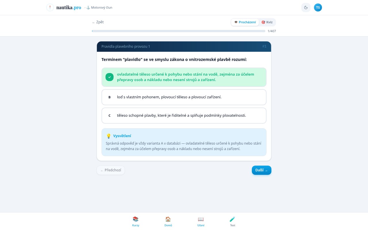 Procházení otázek — správná odpověď je zvýrazněna